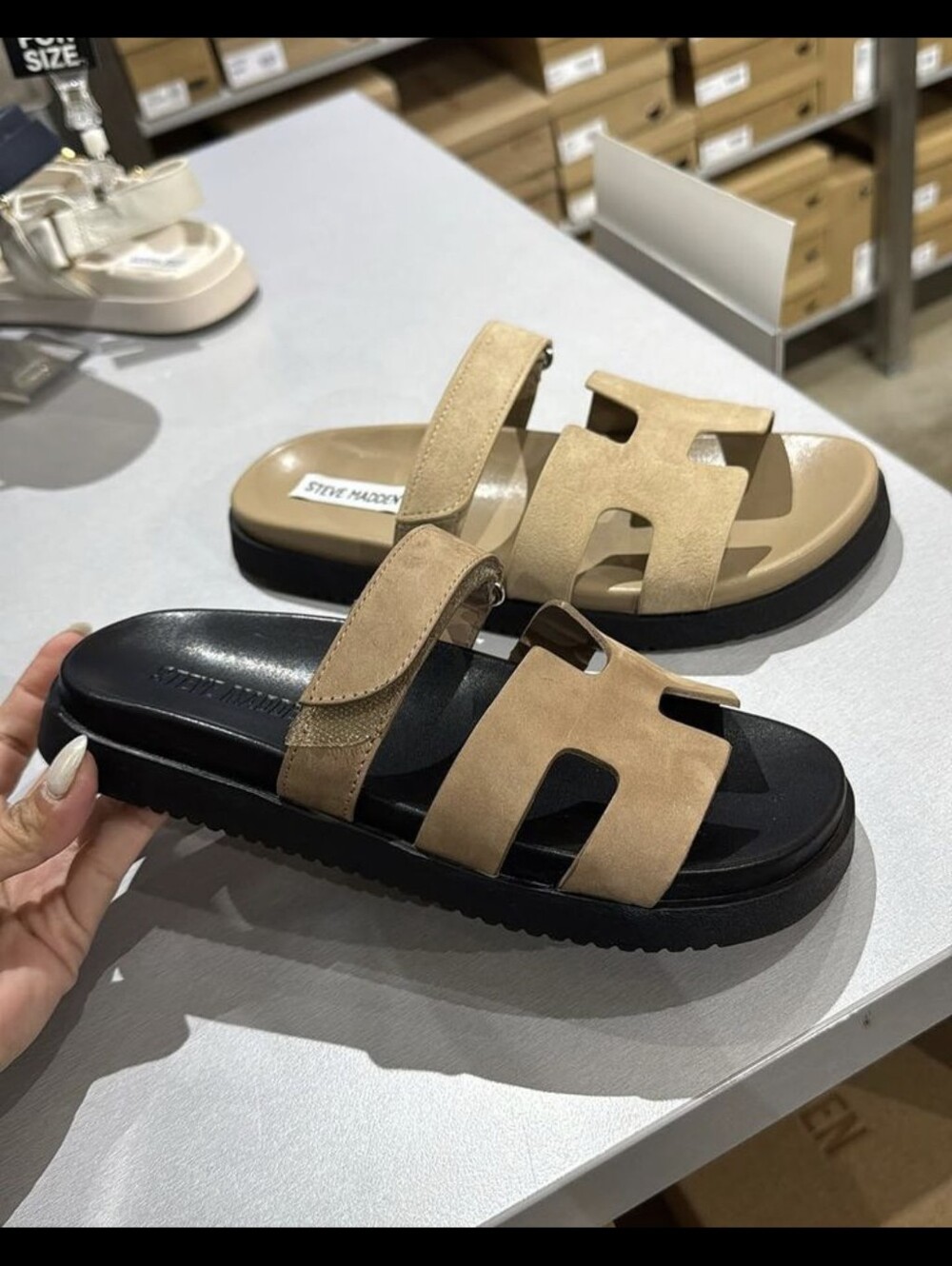 Steve Madden Tan and Black Suede Slide Mules